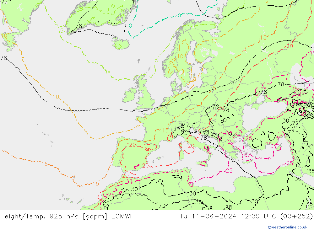 Height/Temp. 925 hPa ECMWF wto. 11.06.2024 12 UTC