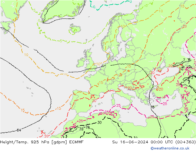Height/Temp. 925 hPa ECMWF So 16.06.2024 00 UTC