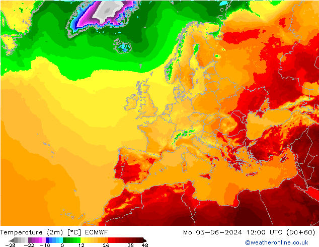 Temperatura (2m) ECMWF Seg 03.06.2024 12 UTC