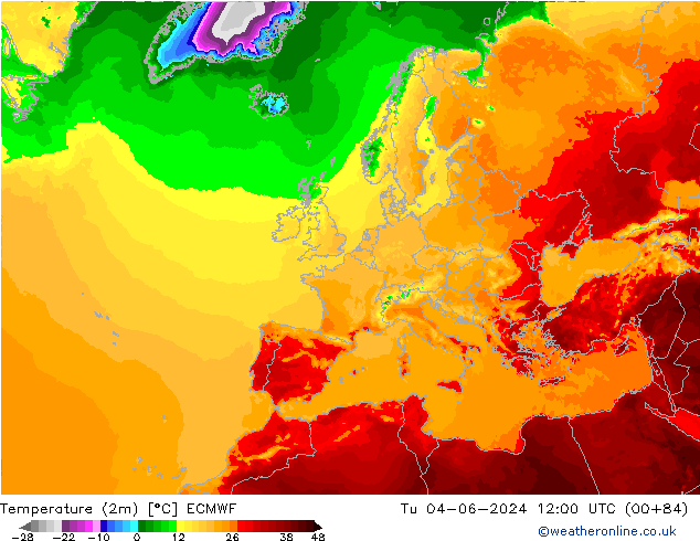 Temperature (2m) ECMWF Út 04.06.2024 12 UTC