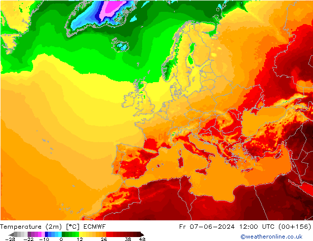 Temperatuurkaart (2m) ECMWF vr 07.06.2024 12 UTC