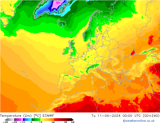 Temperaturkarte (2m) ECMWF Di 11.06.2024 00 UTC