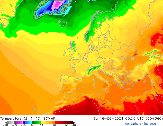 Temperature (2m) ECMWF Su 16.06.2024 00 UTC