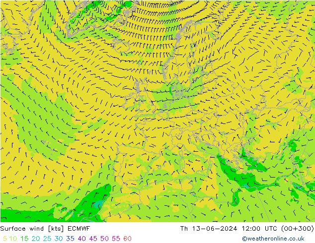 Surface wind ECMWF Čt 13.06.2024 12 UTC