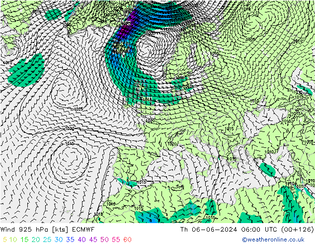 Wind 925 hPa ECMWF Čt 06.06.2024 06 UTC