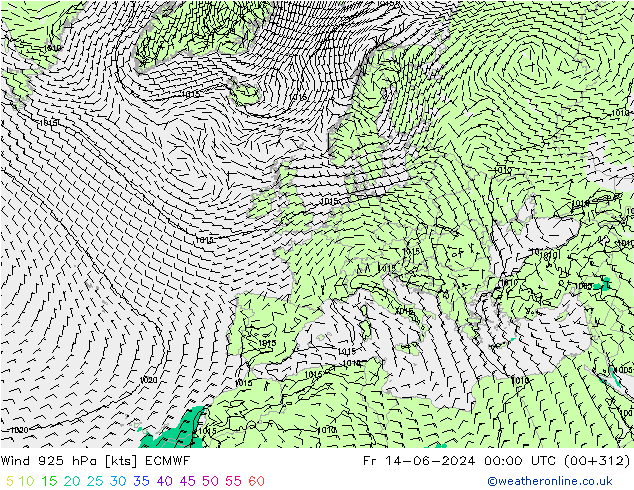 Wind 925 hPa ECMWF Pá 14.06.2024 00 UTC