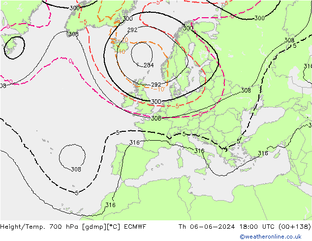 Height/Temp. 700 hPa ECMWF Qui 06.06.2024 18 UTC