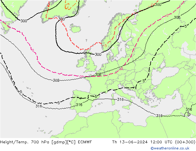 Height/Temp. 700 hPa ECMWF gio 13.06.2024 12 UTC