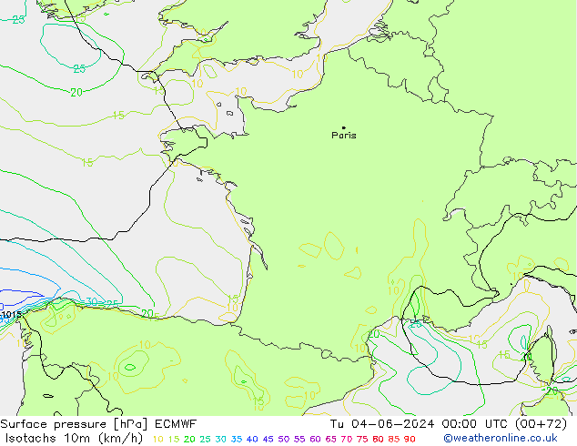 Izotacha (km/godz) ECMWF wto. 04.06.2024 00 UTC