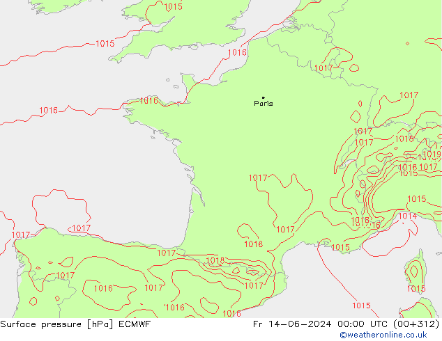 Presión superficial ECMWF vie 14.06.2024 00 UTC
