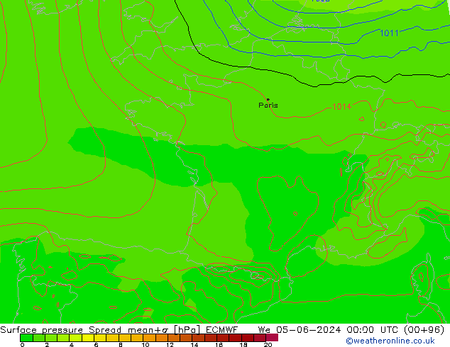 Luchtdruk op zeeniveau Spread ECMWF wo 05.06.2024 00 UTC