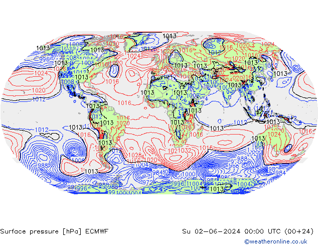 Pressione al suolo ECMWF dom 02.06.2024 00 UTC