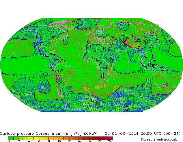Presión superficial Spread ECMWF dom 02.06.2024 00 UTC