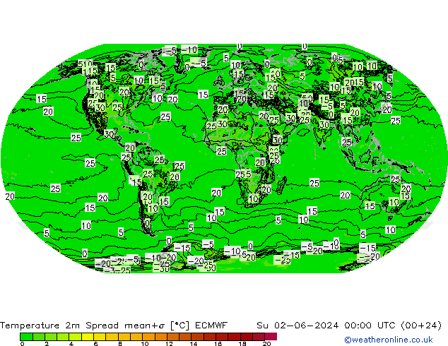 Temperaturkarte Spread ECMWF So 02.06.2024 00 UTC