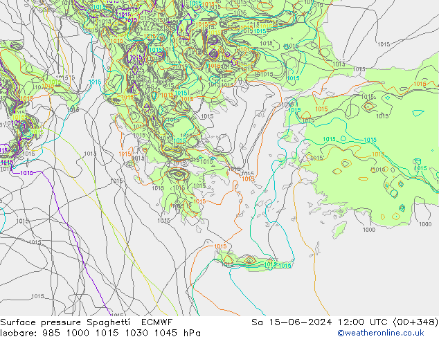 Atmosférický tlak Spaghetti ECMWF So 15.06.2024 12 UTC