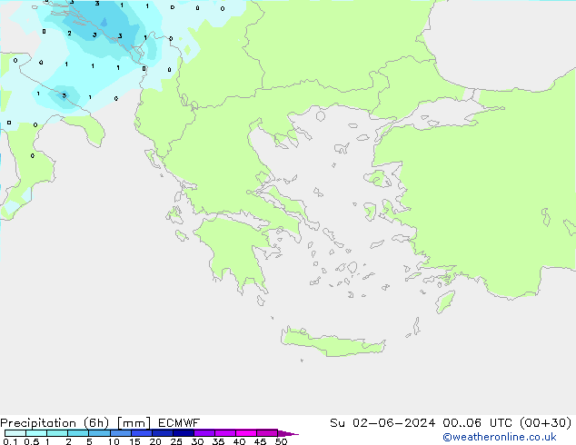 Precipitation (6h) ECMWF Su 02.06.2024 06 UTC