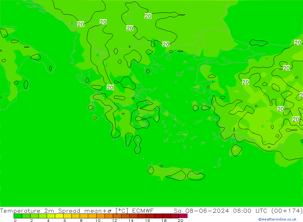 Temperaturkarte Spread ECMWF Sa 08.06.2024 06 UTC