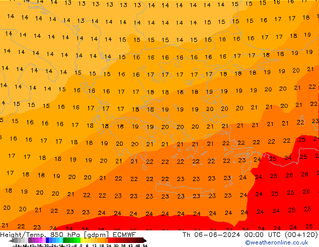 Géop./Temp. 850 hPa ECMWF jeu 06.06.2024 00 UTC