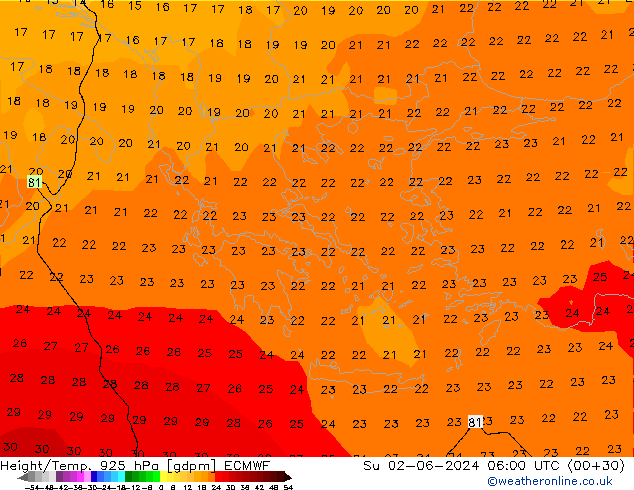 Height/Temp. 925 hPa ECMWF Su 02.06.2024 06 UTC