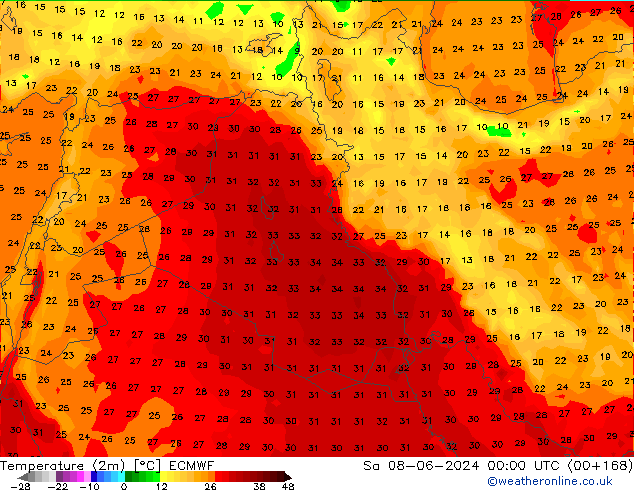 mapa temperatury (2m) ECMWF so. 08.06.2024 00 UTC