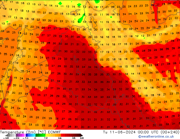 Temperature (2m) ECMWF Tu 11.06.2024 00 UTC