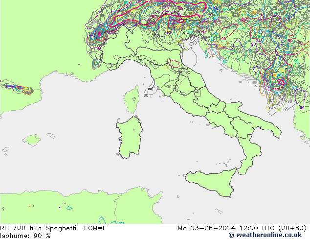 RH 700 hPa Spaghetti ECMWF lun 03.06.2024 12 UTC