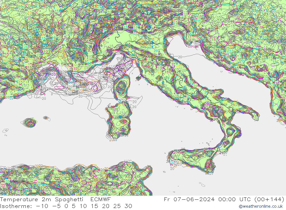 Temperatura 2m Spaghetti ECMWF ven 07.06.2024 00 UTC