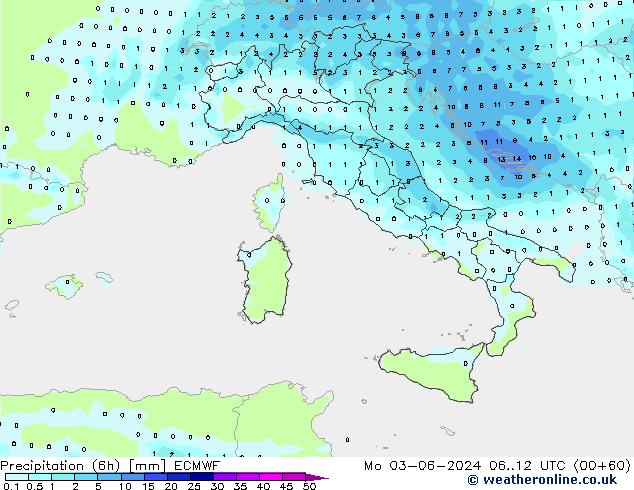 Precipitación (6h) ECMWF lun 03.06.2024 12 UTC