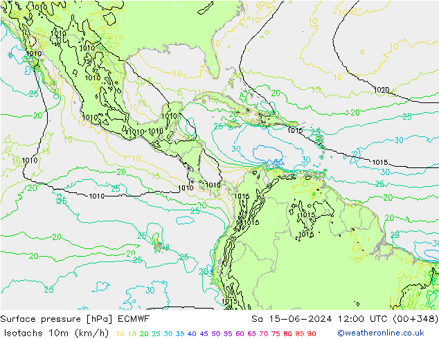 Isotaca (kph) ECMWF sáb 15.06.2024 12 UTC