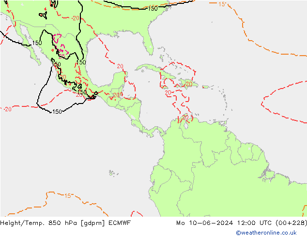 Height/Temp. 850 hPa ECMWF pon. 10.06.2024 12 UTC