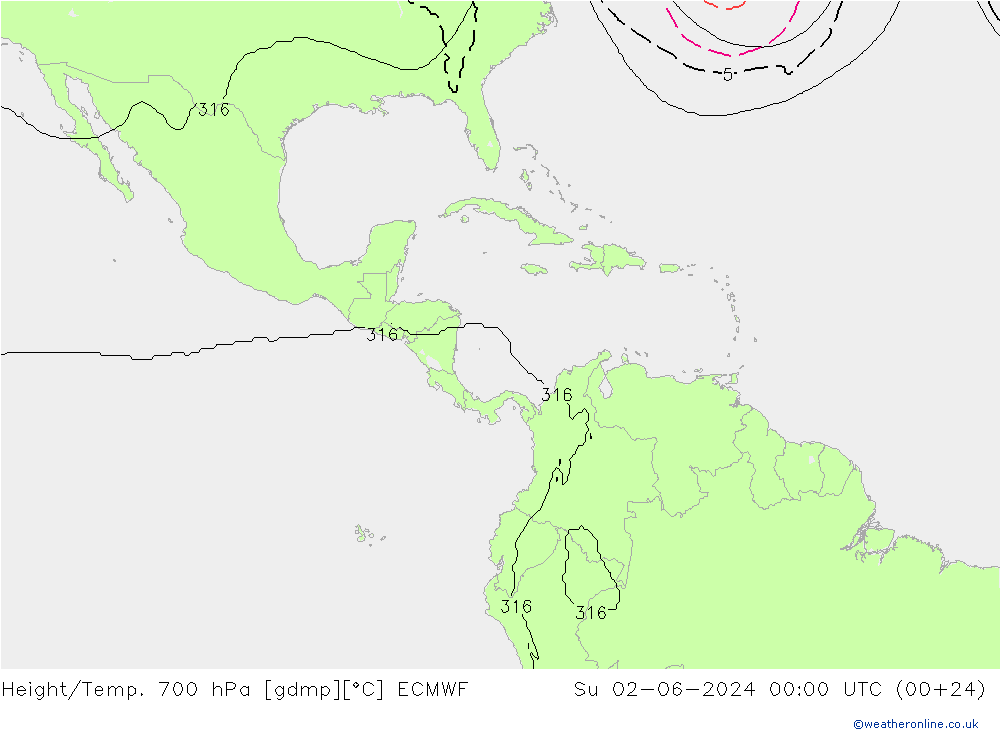 Height/Temp. 700 hPa ECMWF dom 02.06.2024 00 UTC