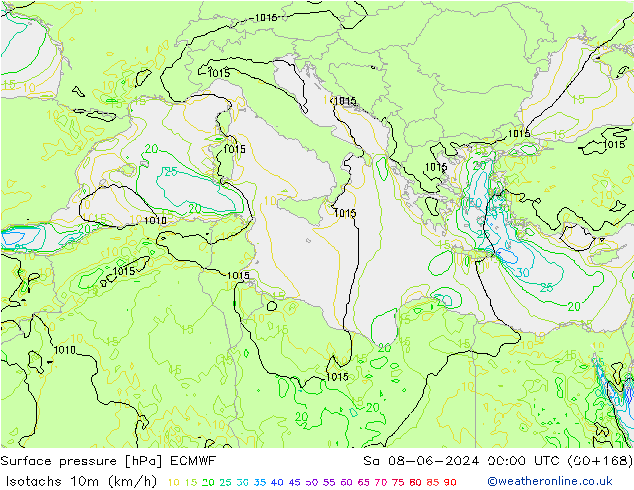 Isotachs (kph) ECMWF Sa 08.06.2024 00 UTC