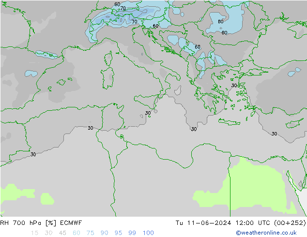 RH 700 гПа ECMWF вт 11.06.2024 12 UTC