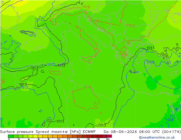 Surface pressure Spread ECMWF Sa 08.06.2024 06 UTC