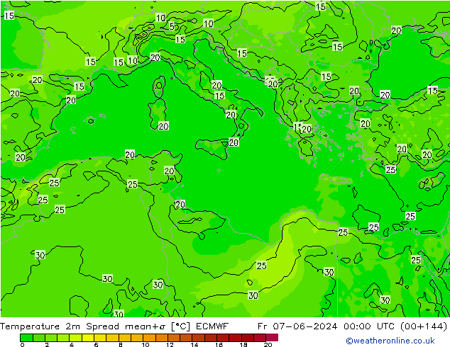 Temperature 2m Spread ECMWF Fr 07.06.2024 00 UTC