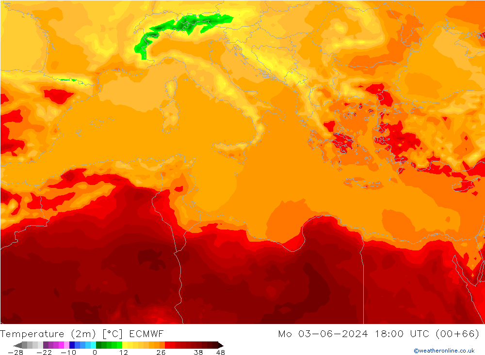 Temperature (2m) ECMWF Mo 03.06.2024 18 UTC