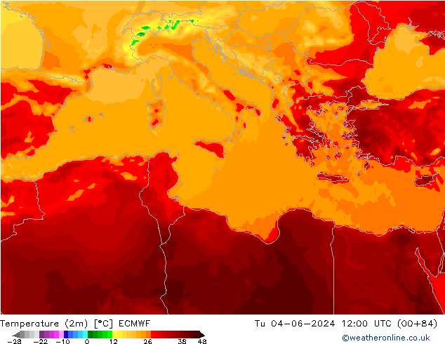 Temperatuurkaart (2m) ECMWF di 04.06.2024 12 UTC