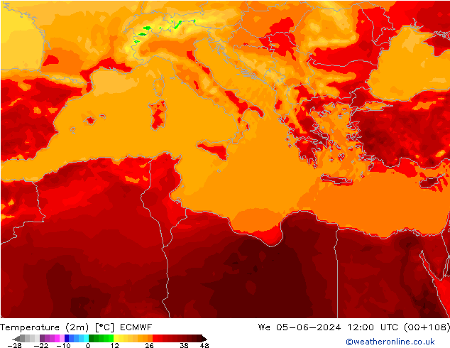 Temperatuurkaart (2m) ECMWF wo 05.06.2024 12 UTC