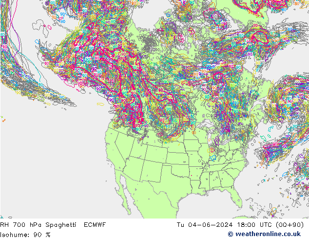 RH 700 hPa Spaghetti ECMWF Út 04.06.2024 18 UTC