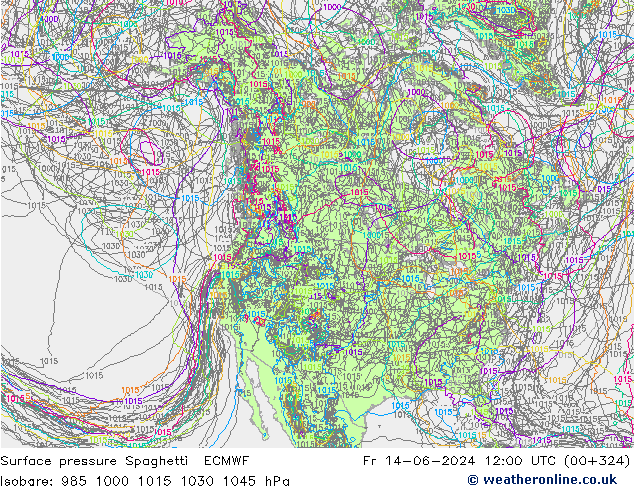 Luchtdruk op zeeniveau Spaghetti ECMWF vr 14.06.2024 12 UTC