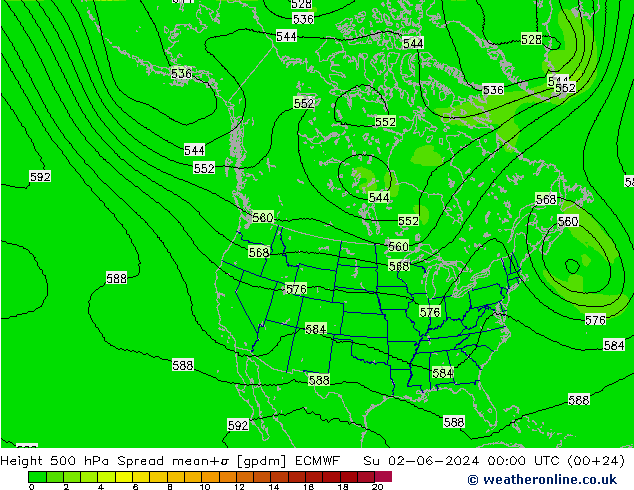 Height 500 hPa Spread ECMWF Su 02.06.2024 00 UTC