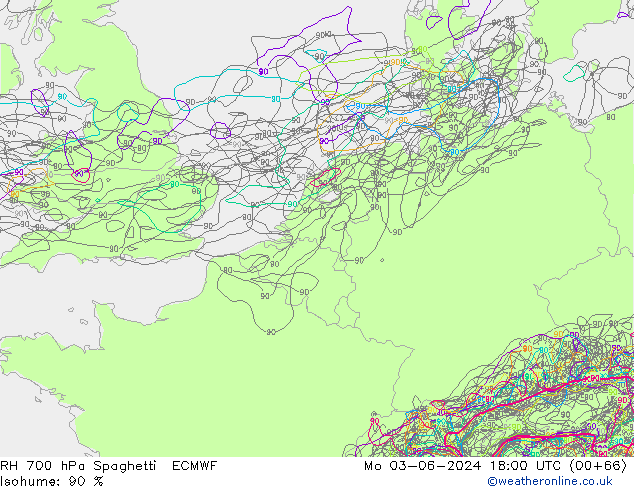 RH 700 hPa Spaghetti ECMWF Mo 03.06.2024 18 UTC