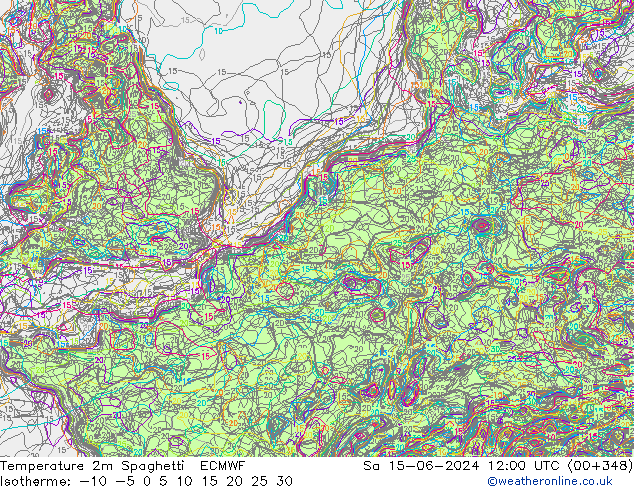 mapa temperatury 2m Spaghetti ECMWF so. 15.06.2024 12 UTC