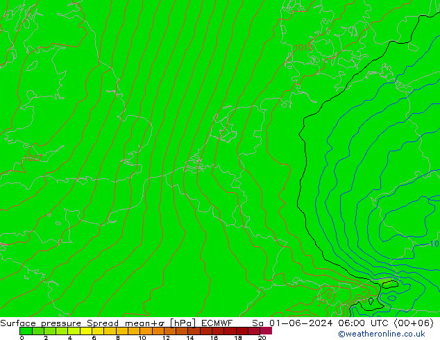 Pressione al suolo Spread ECMWF sab 01.06.2024 06 UTC