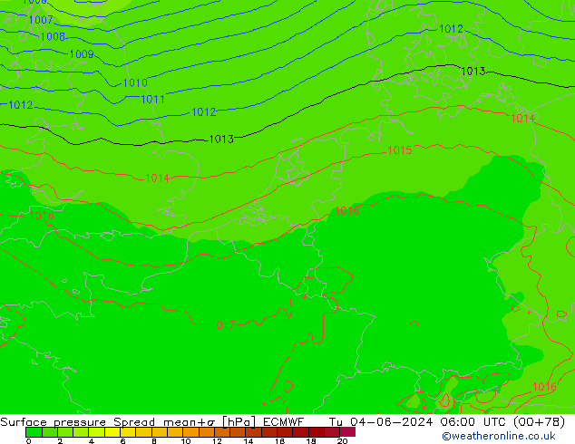 Atmosférický tlak Spread ECMWF Út 04.06.2024 06 UTC