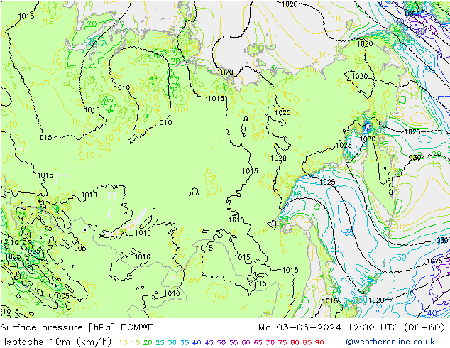 Isotachs (kph) ECMWF Po 03.06.2024 12 UTC