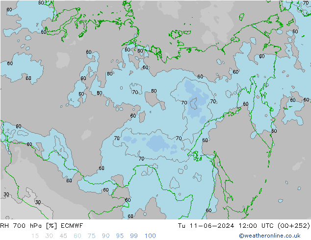 RH 700 hPa ECMWF Tu 11.06.2024 12 UTC