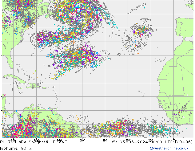 RH 700 hPa Spaghetti ECMWF Qua 05.06.2024 00 UTC