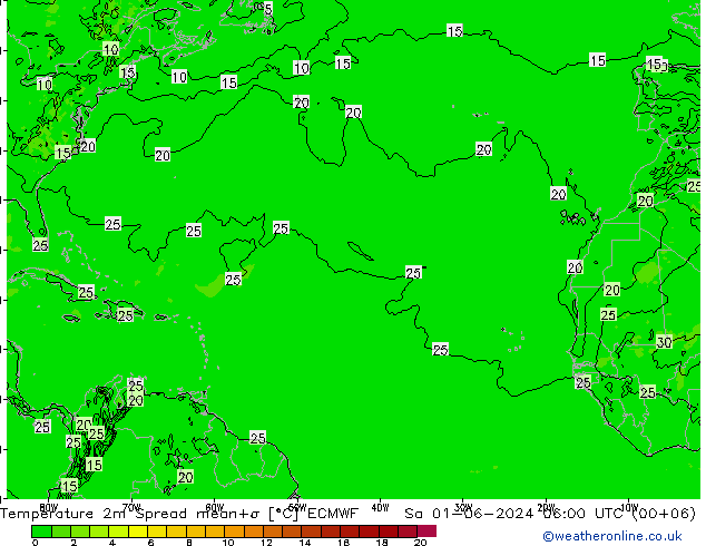 карта температуры Spread ECMWF сб 01.06.2024 06 UTC