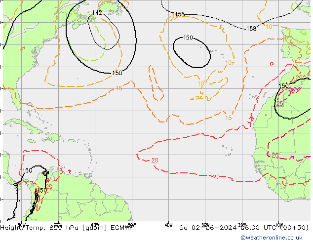 Yükseklik/Sıc. 850 hPa ECMWF Paz 02.06.2024 06 UTC